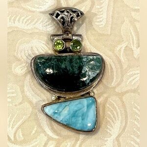 Labradorite Larimar and Peridot 0.925 Silver Necklace Pendant